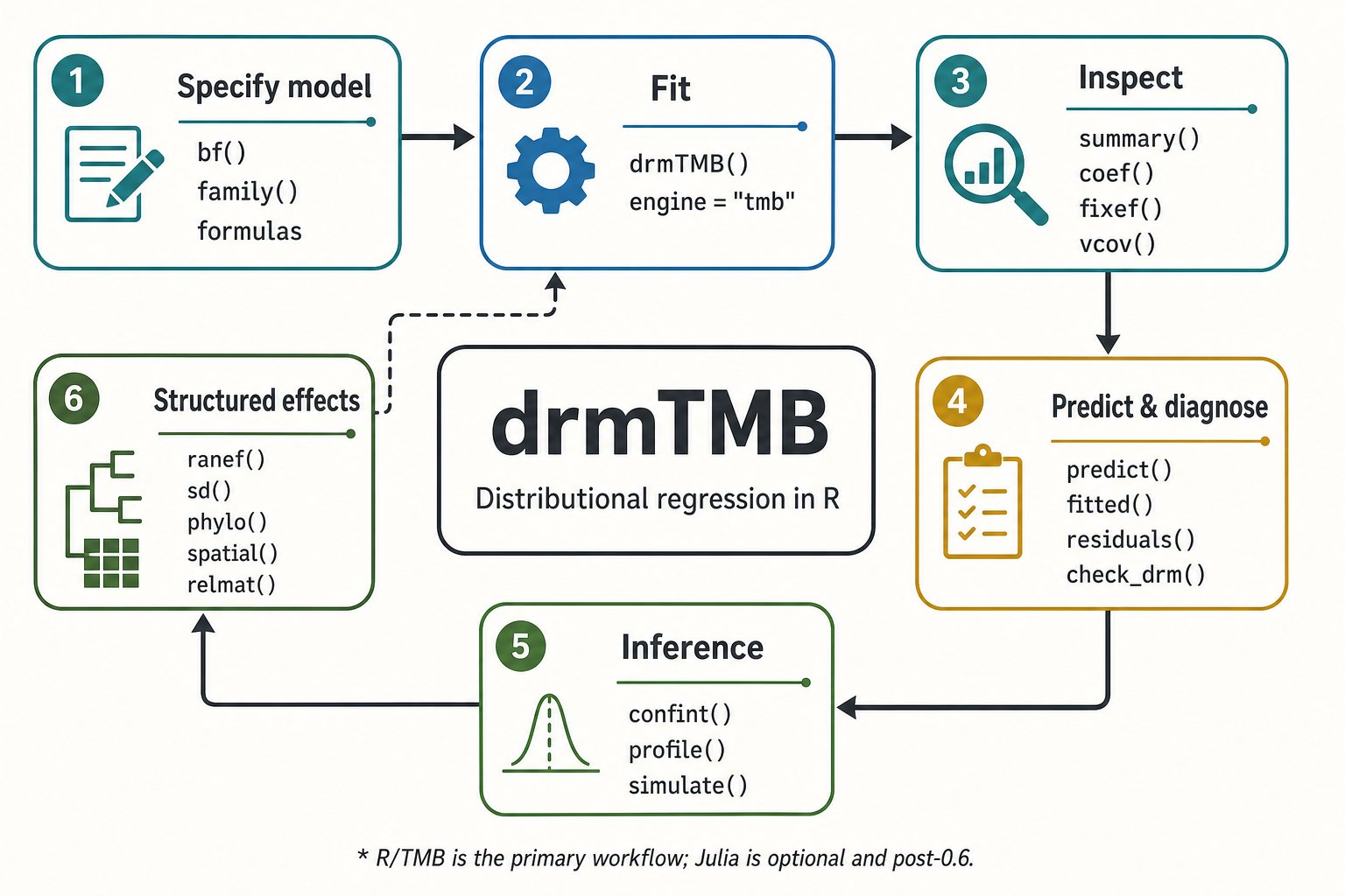 Six-step drmTMB function map. Specify a model with bf(), family(), and formulas; fit with drmTMB() using the native TMB engine; inspect with summary(), coef(), fixef(), and vcov(); predict and diagnose with predict(), fitted(), residuals(), and check_drm(); use confint(), profile(), and simulate() for inference; and add structured effects with ranef(), sd(), phylo(), spatial(), and relmat(). The Julia bridge is halted/deferred future work, so this map uses the native R/TMB workflow only.