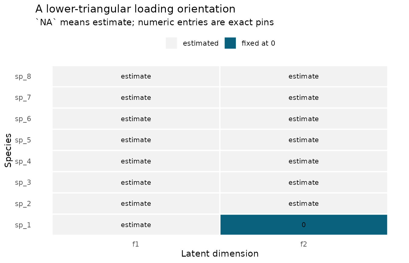 A species-by-latent-dimension constraint matrix. White cells labelled estimate are free loadings. One dark blue cell in the first row and second latent dimension is fixed at zero, which supplies the lower-triangular orientation convention.